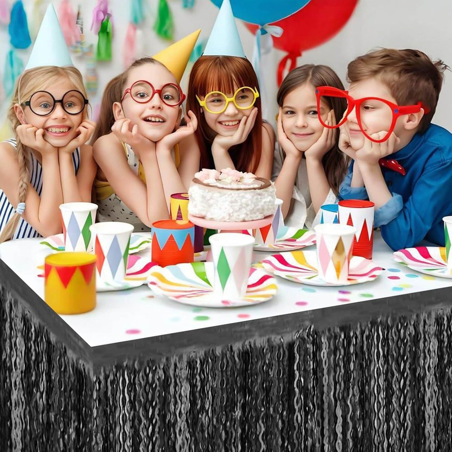 6 Pack 29x108 Inch Black Wave Foil Fringe Table Skirts Metallic Banner for Tinsel Streamer Garland Backdrop for Parade Floats Wedding, Mother's Day, Birthday Mardi Gras Party Decorations