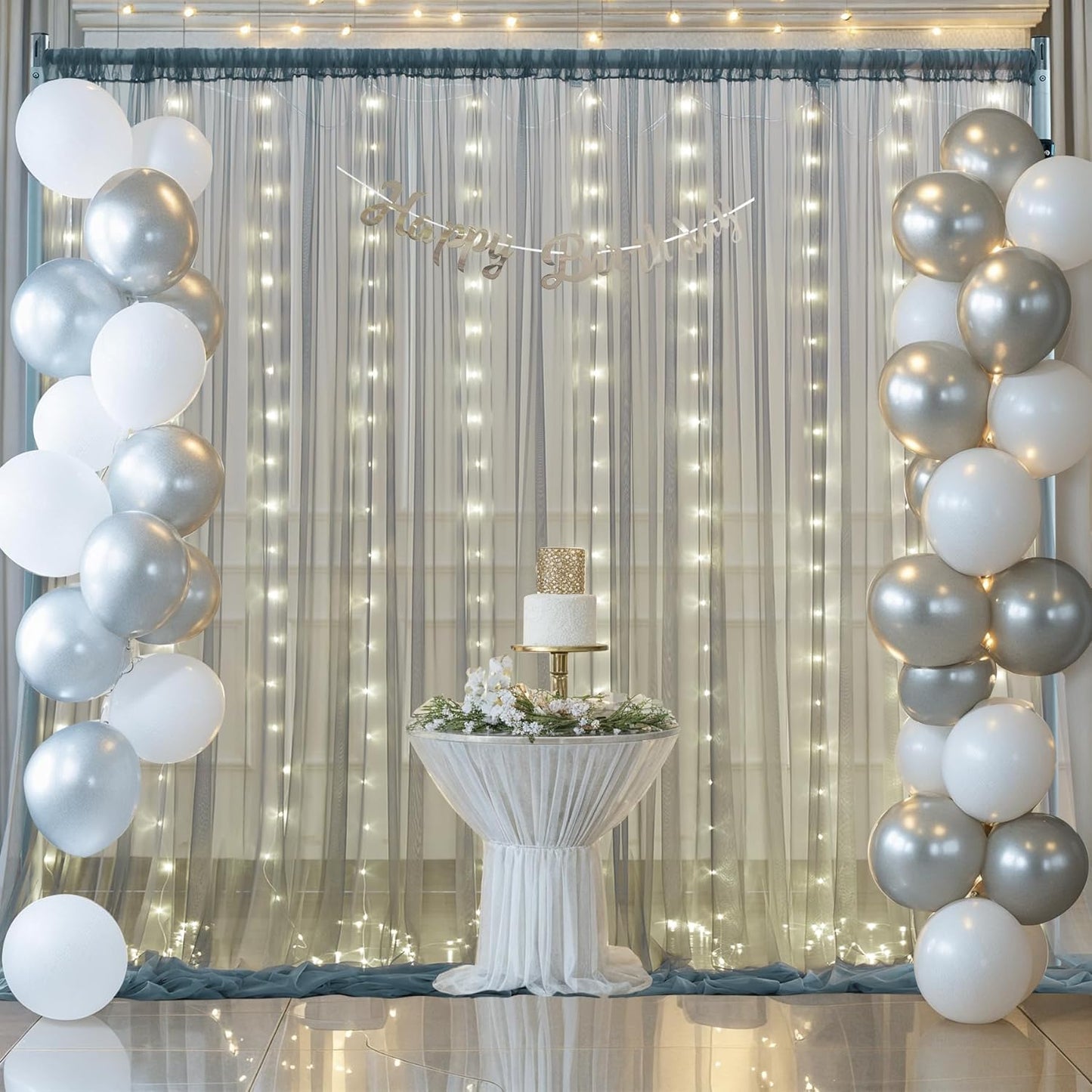 Silver Grey Tulle Backdrop Curtain with Lights String for Parites 10x10ft Sheer Backdrop Curtains for Birthday Party Bridal Shower Baby Shower Wedding Ceremony Prom Photo Booth Background Decorations
