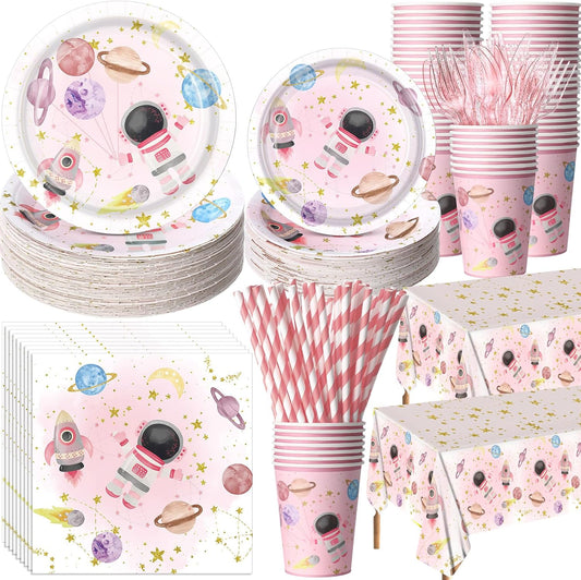 452 Pcs Pink Space Birthday Decorations for 50, Star Astronaut Paper Plates Napkins Cups Moon Tablecloth Cutlery Straws for Solar System Planets Baby Shower Party Supplies Decorations