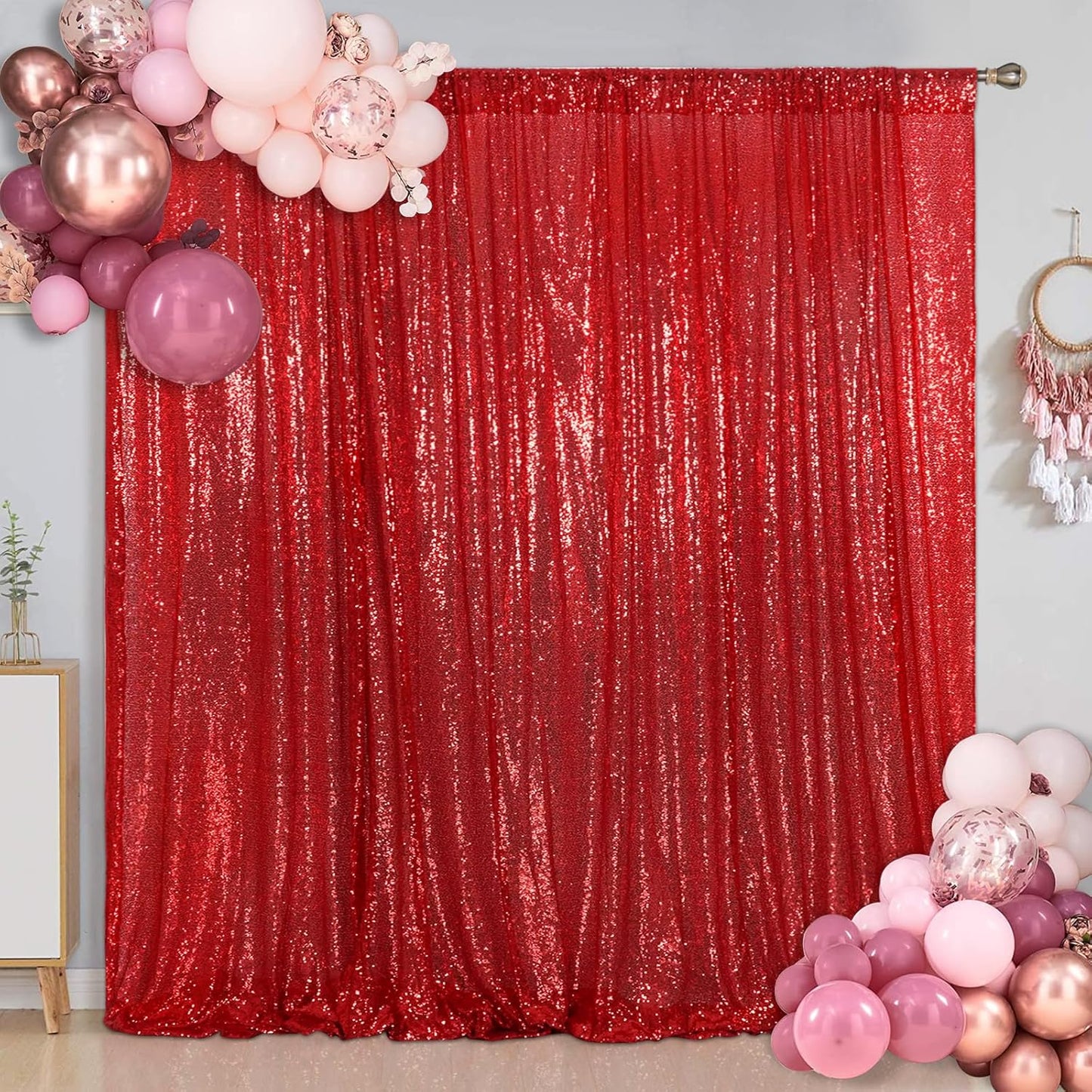 SquarePie Sequin Backdrop 6FT x 8FT Red Curtain Background for Wedding Party Christmas
