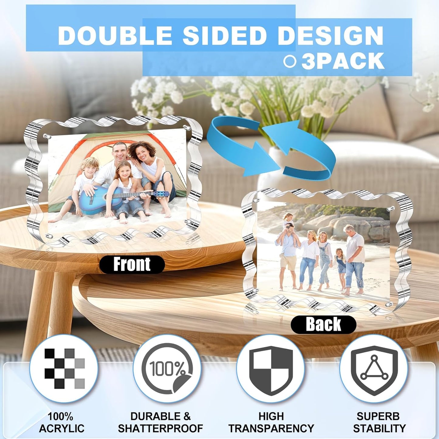 Aheroi Acrylic Picture Frames, 3 Pack 4x6 Clear Scalloped Photo Frame Freestanding Magnetic Double Sided Picture Frames, Transparent Thickened Frameless Acrylic Sign Holder, No Instal