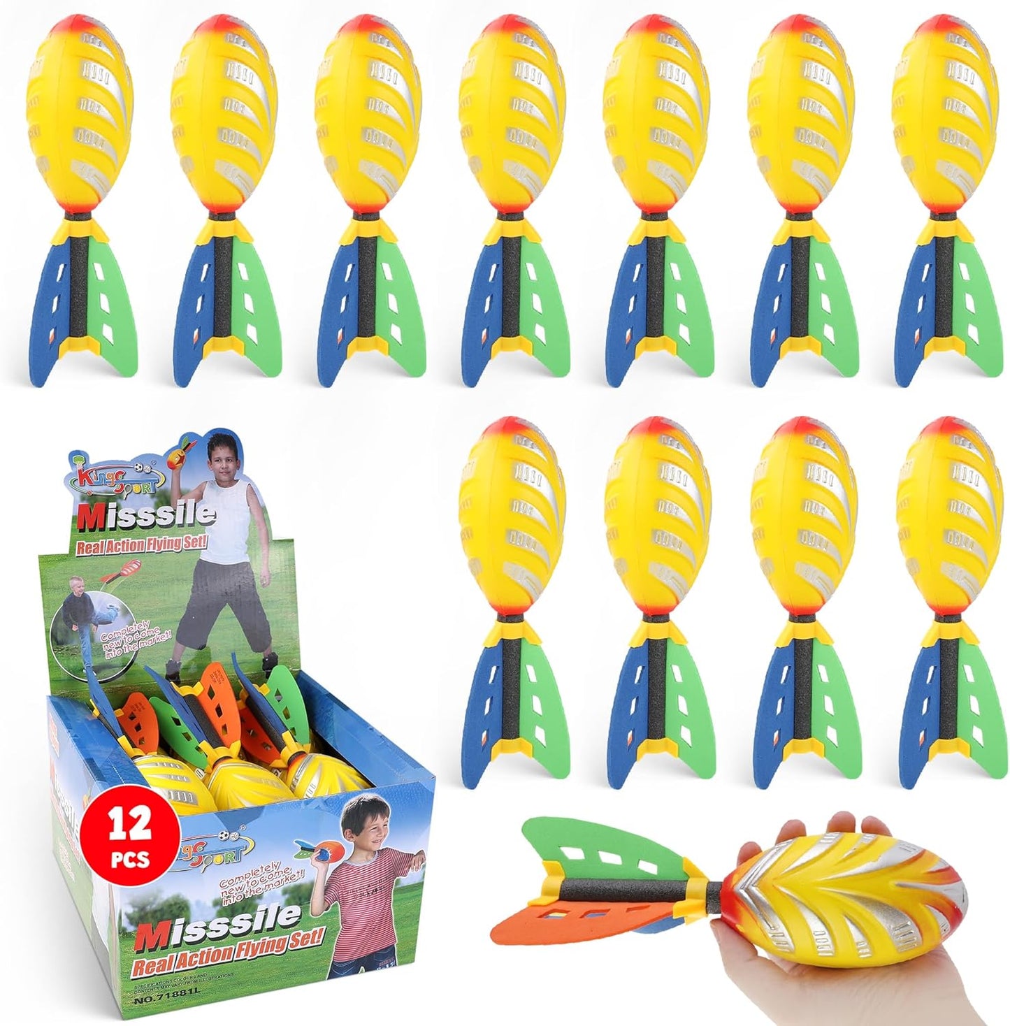 12 Pack Flying Foam Foam Missile Footballs with Tails, Sports Aero Pocket Flyers Toys for Kids Outdoor Backyard Activities, Games, Party Favors (9 Inches)