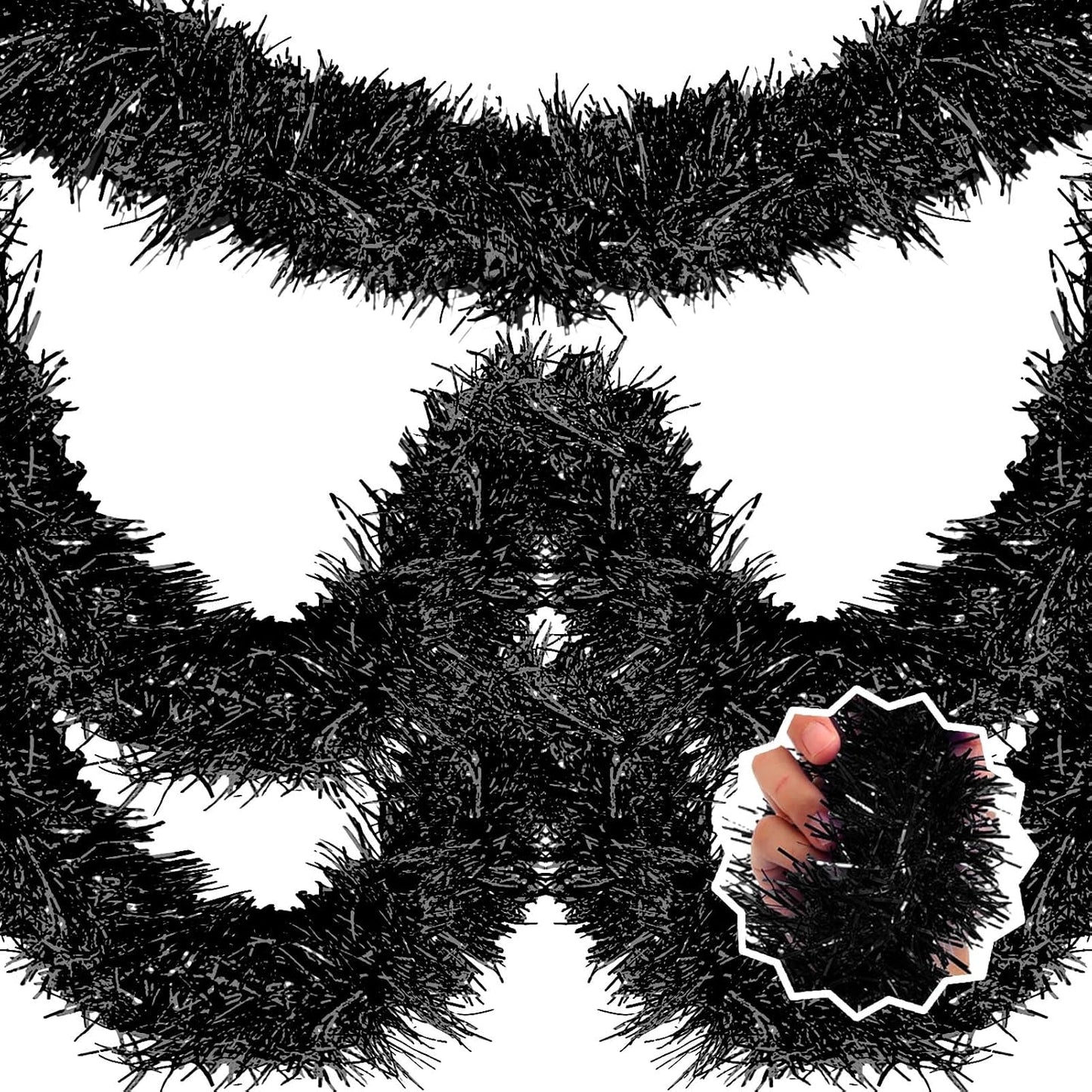 25 Feet Black Christmas Tinsel Garland, Metallic Foil Twist Banner Wall Hanging Tinsel Streamers Backdrop for Parade Floats, Christmas, Mother's Day, Birthday Party Decorations(4in x 25ft)