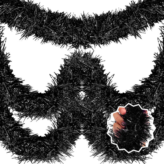 50 Feet Black Christmas Tinsel Garland, Metallic Foil Twist Banner Wall Hanging Tinsel Streamers Backdrop for Parade Floats, Christmas, Mother's Day, Birthday Party Decorations(2in x 50ft)
