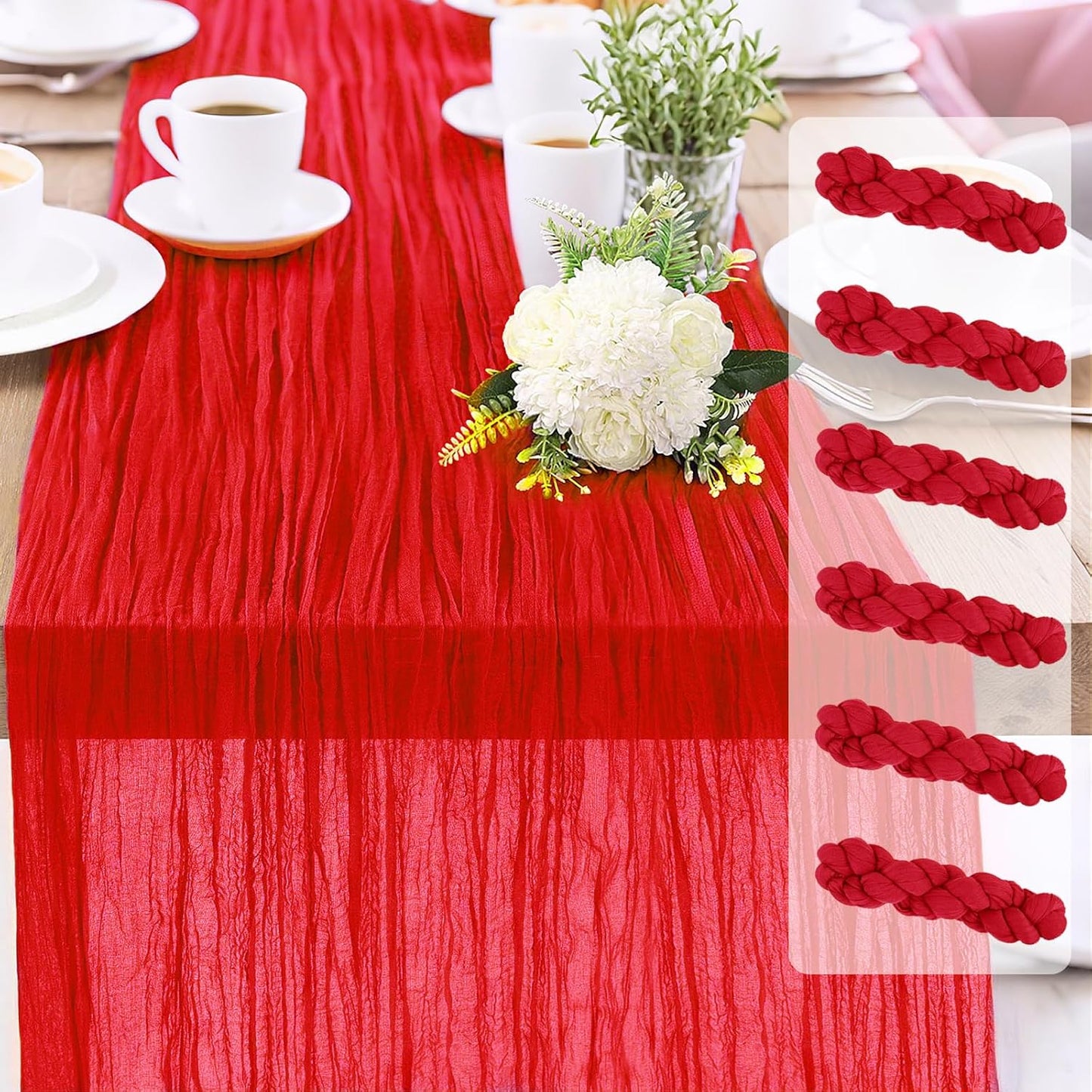 6-Pack Red Cheesecloth Table Runners – 10FT (35x120 Inch) Boho Rustic Gauze Fabric Cheese Cloth Table Runner for Weddings, Baby Showers, Bridal Shower, Farmhouse & Birthday Party Decor