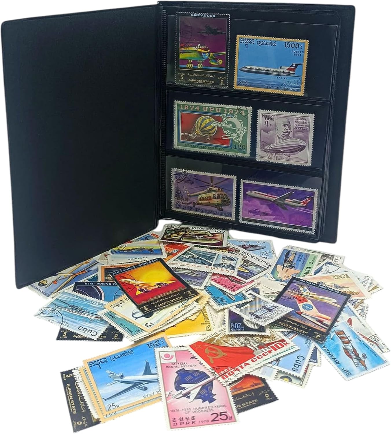 IMPACTO COLECCIONABLES – 100 Airplane-Themed Stamps Collection with Included Album (5.5 x 7 x 0.4 in) | Enhance your philatelic collection with postmarked stamps in a compact and elegant album