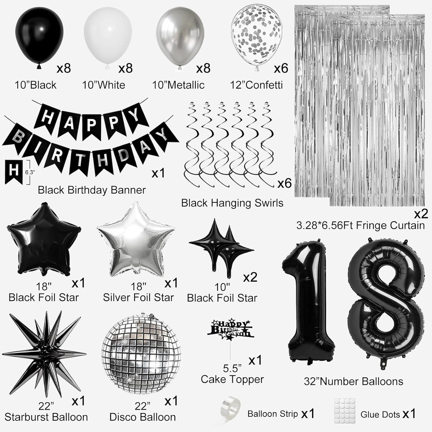 18th Birthday Decorations for Boys Girls, Black Silver Happy Birthday Party Decorations， 18 Year Old Party Supplies with Number 18 Balloons, Banner, Fringe Curtains Kit