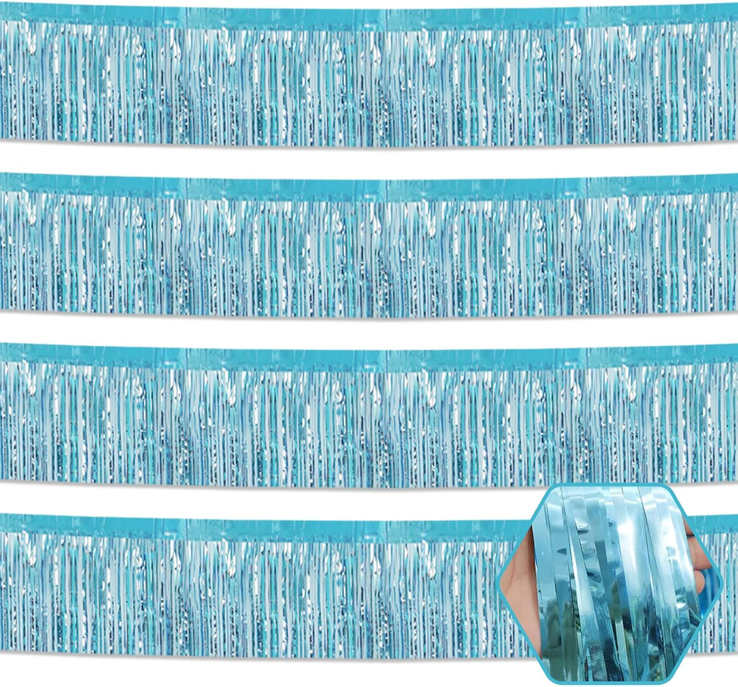 4 Pack 10 Feet Light Blue Foil Fringe Garland Metallic Tinsel Streamers Banner Wall Hanging Curtain Backdrop for Parade Floats, Wedding, Graduate, Mother's Day, Birthday Party Decoration