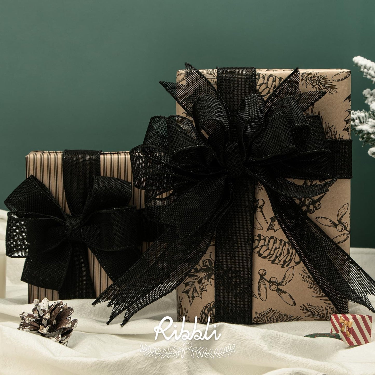 Ribbli Black Burlap Wired Ribbon, 1-1/2” Inch x Continuous 20 Yard, Black Wired Ribbon for Wreaths,Big Bows,Tree Decoration,Outdoor Decoration