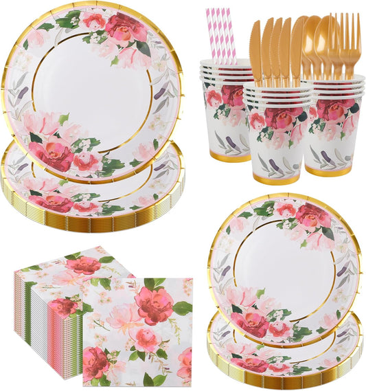 280 Pcs Thanksgiving Floral Paper Plates And Napkins Party Supplies - Bridal Shower Floral Plates,Flower Cups, Forks, Knives And Spoons, Napkins, Straws For Birthdays, Parties And Tea Parties