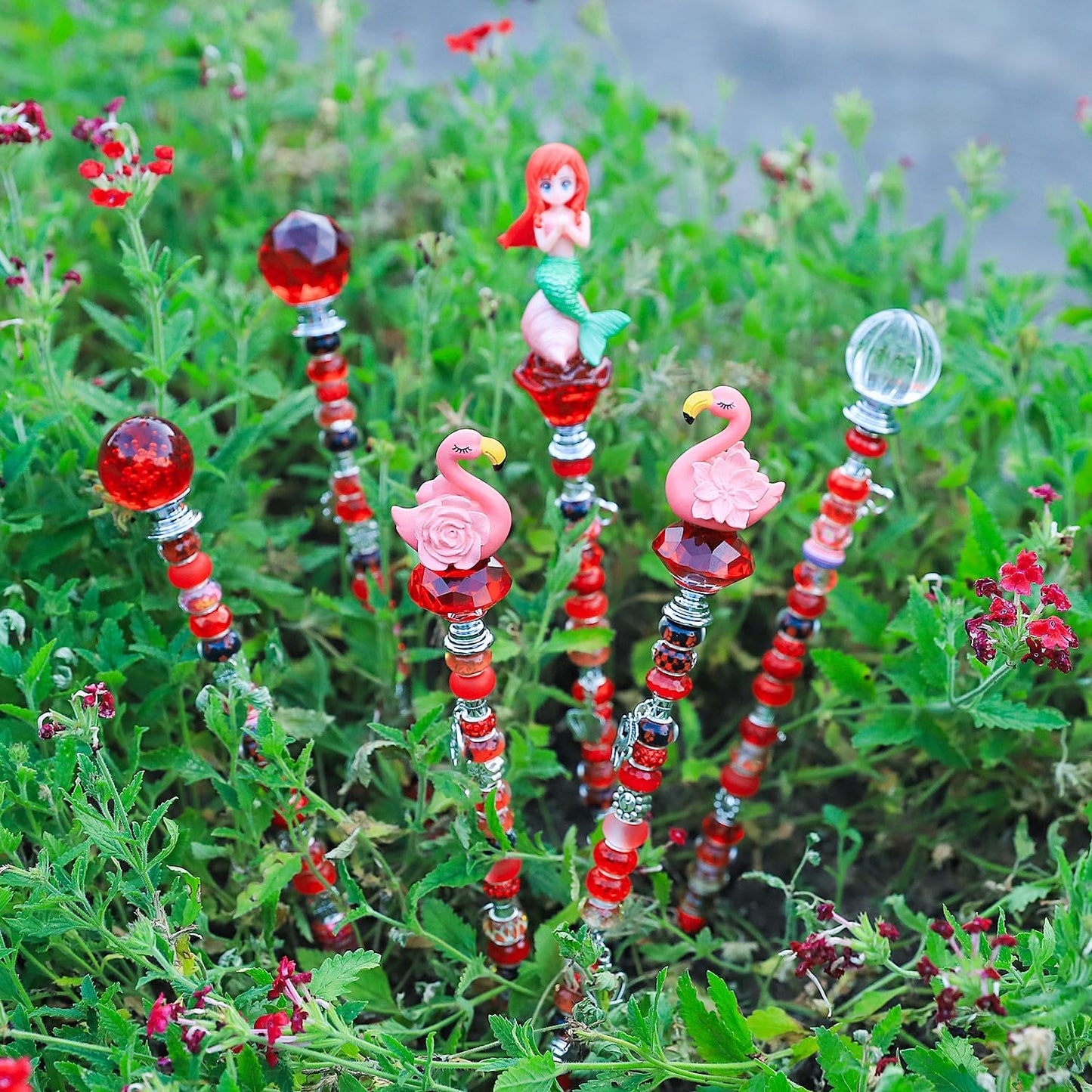 158 Pcs DIY Fairy Wand Garden Stakes Kit,Multiple Color Scheme European Beads Crystal Diamond Tops and 12 or 10 Inch Threaded Rods,Stainless Steel Stakes with Diamond Toppe (Red)