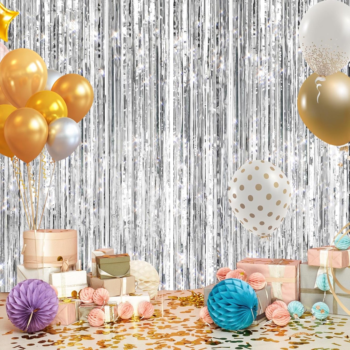 2Pack Silver Metallic Tinsel Foil Fringe Curtains, Door Streamer Photo Booth Backdrop for Birthday Wedding, Graduation Engagement Bridal Baby Shower Bachelorette Party Decorations Dancing Ball Party