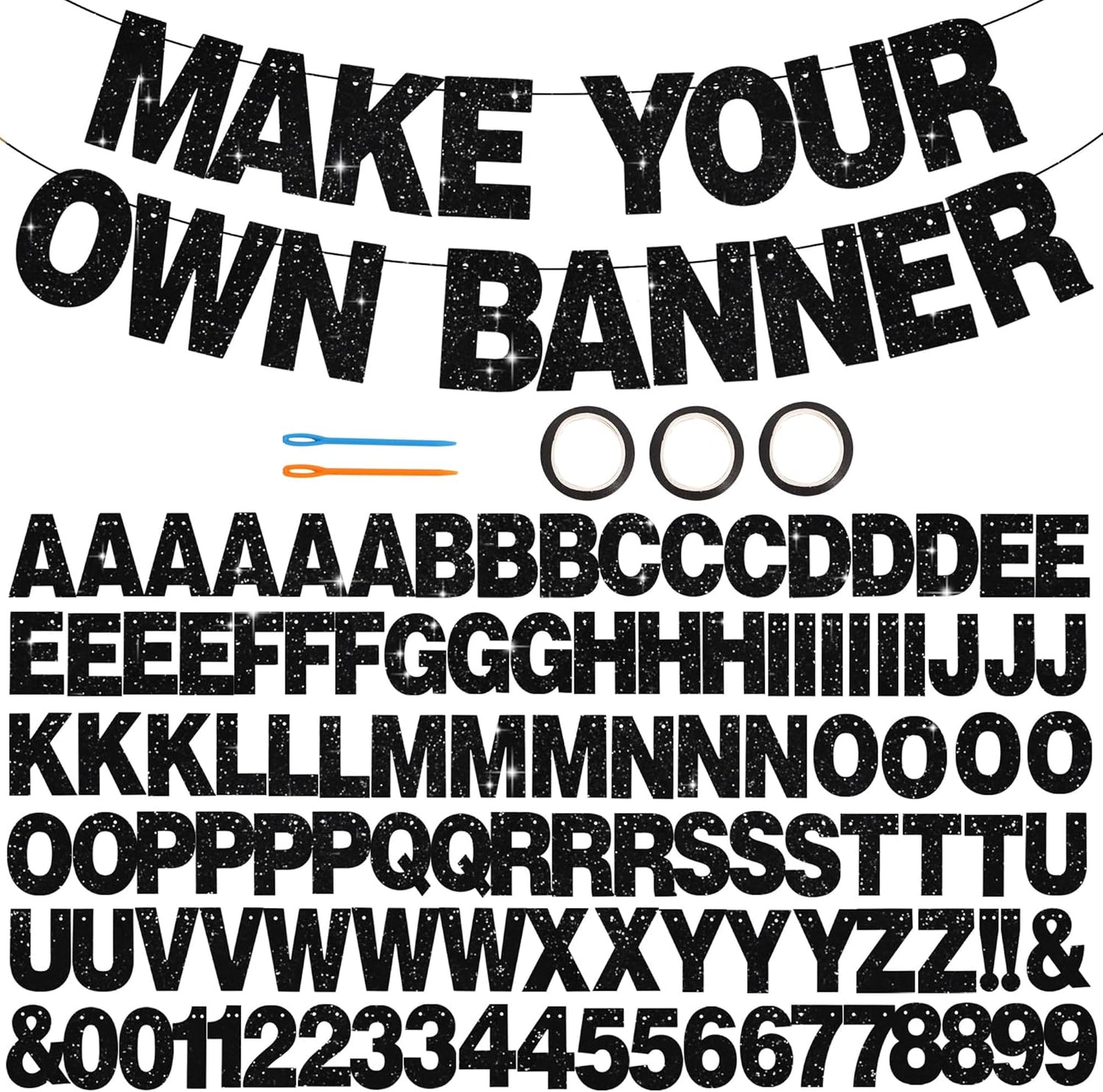 BEISHIDA 116 PCS A-Z Glitter Black DIY Letter Banner Kit Make Your Own Banner，Including 111 Letters and Numbers 3 Rope and 2 Threading Device,Customized for Birthday Graduation Wedding Halloween Party Decor