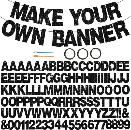 BEISHIDA 116 PCS A-Z Glitter Black DIY Letter Banner Kit Make Your Own Banner，Including 111 Letters and Numbers 3 Rope and 2 Threading Device,Customized for Birthday Graduation Wedding Halloween Party Decor