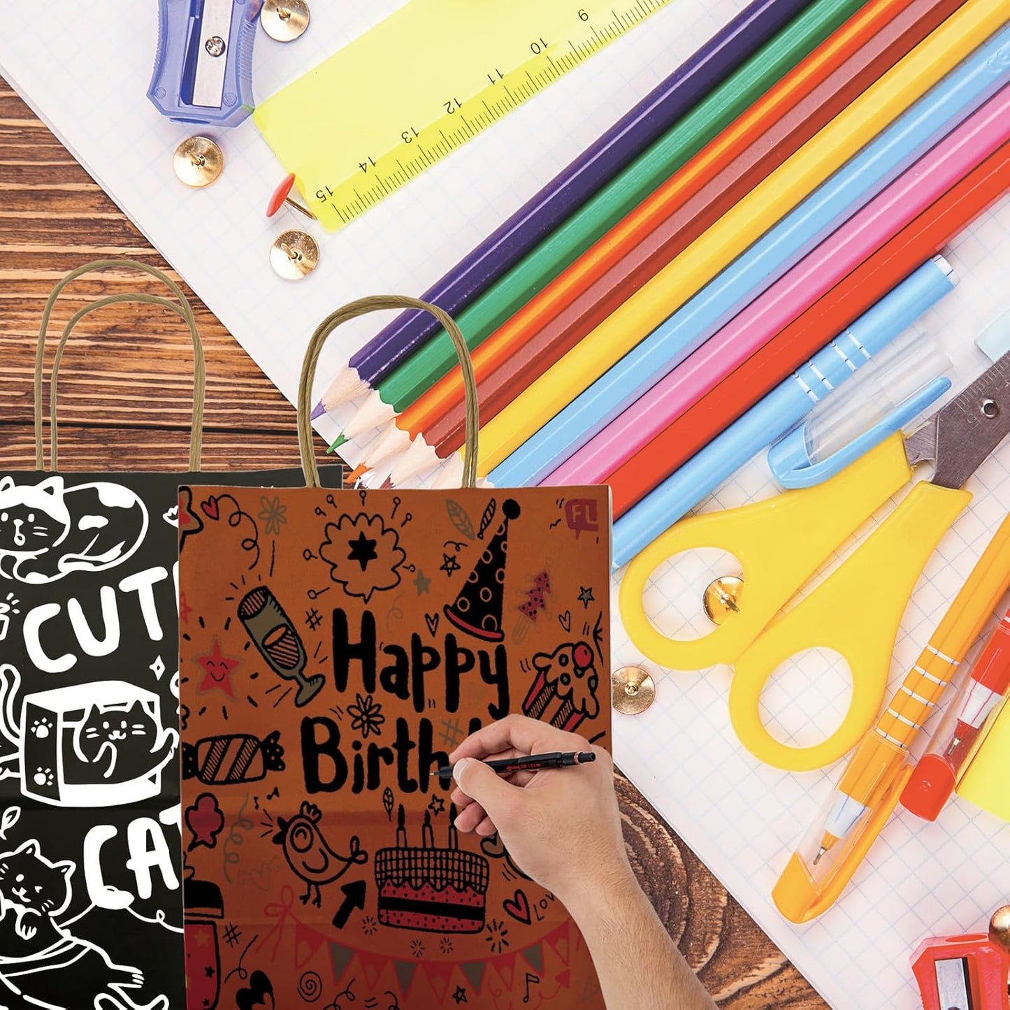 BAG BOX 100 Pack 8.25x4.3x10.6 Inch Orange Gift Bags with Handles,Bulk Kraft Paper Bags for Shopping, Retail, Merchandise, Wedding, Party Favors, Paper Grocery Sacks