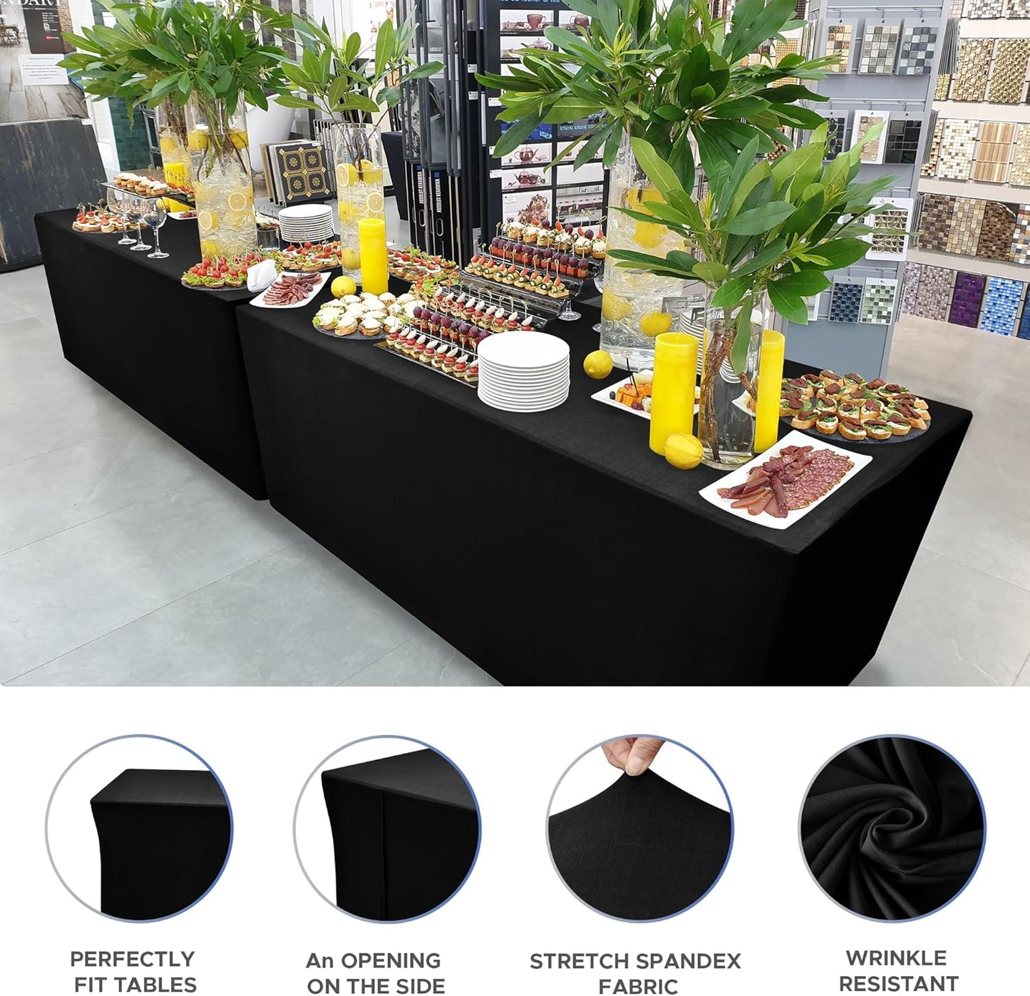 Nasitos Spandex Fitted Table Covers for 6 Foot Tables - 72 x 30 Inch - 4 Pack Black Stretch Rectangle Table Clothes, Wrinkle Resistant Tablecloths for Folding Table, Parties, Trade Show, Birthday