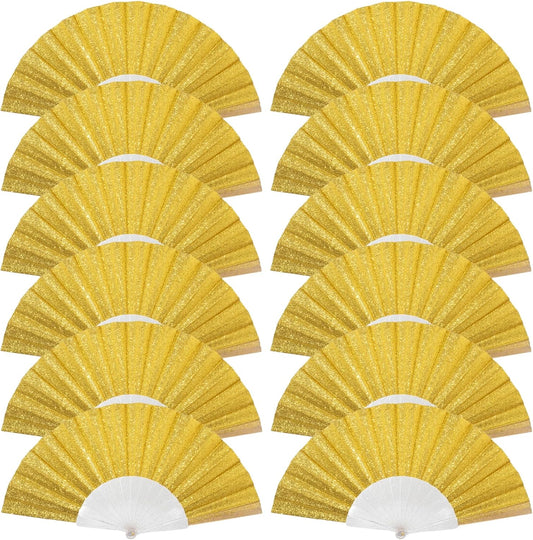 12 Pack Handheld Fan,Folding Hand Glitter Fan with Shining Transparent Fan Rib – Ideal for Wedding, Church, Festival, Dance, Tea Party, Club, and EDM Accessories, Yellow