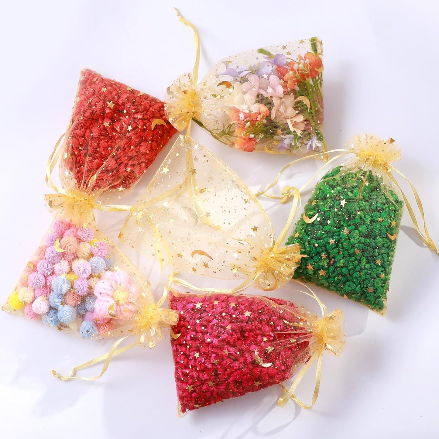 Hopttreely 100 Pieces Moon Star Organza Jewelry Candy Bags, 4x6 Inch Gold Organza Pouch Small Gift Bags with Drawstring for Christmas Party Favors Wedding Valentine's Day Eid Mubarak Party Favor Bags