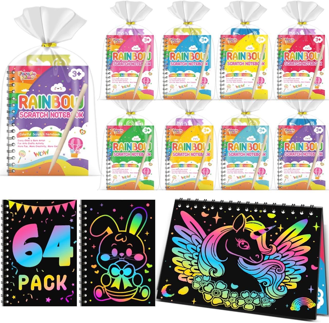 Scratch Art Party Favors for Kids: 64 Pack Rainbow Scratch Art Notebook Classroom Prizes Gifts Bulk for Girls Boys Goodie Bags Stuffers, Return Gifts for Birthday Party Favors Bulk Kids Crafts