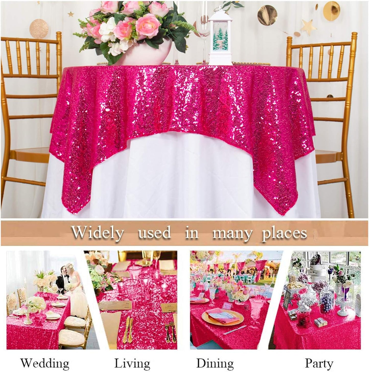 ShinyBeauty Hot Pink Tablecloths Square 36X36 Inch 2 Pieces Small Tablecloth for Party Sparkle Table Cloth Shimmer Overlay Linen Wedding Birthday Tables