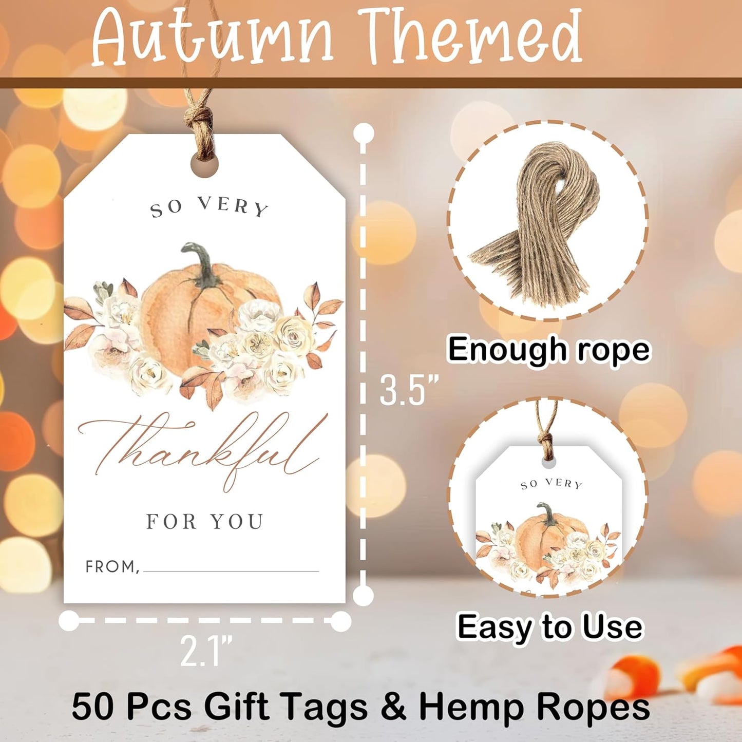 50 Pcs Fall Gift Tags, 2.1"×3.5" Autumn Florals Thank You Gift Tags for Party Favors, Pumpkin Thanksgiving Gifts Tags for Party Favor - B09