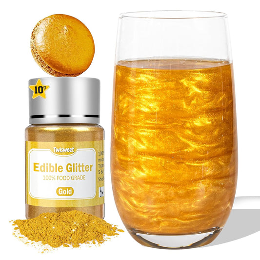 Twisweet Gold Edible Glitter for Drinks, Food Grade 10g Gold Sprinkles Cake Decorating Supplies, Edible Luster Dust for Cocktail Beverages, Food Coloring Shimmer Powder for Cupcakes Cookies Cake Decorations