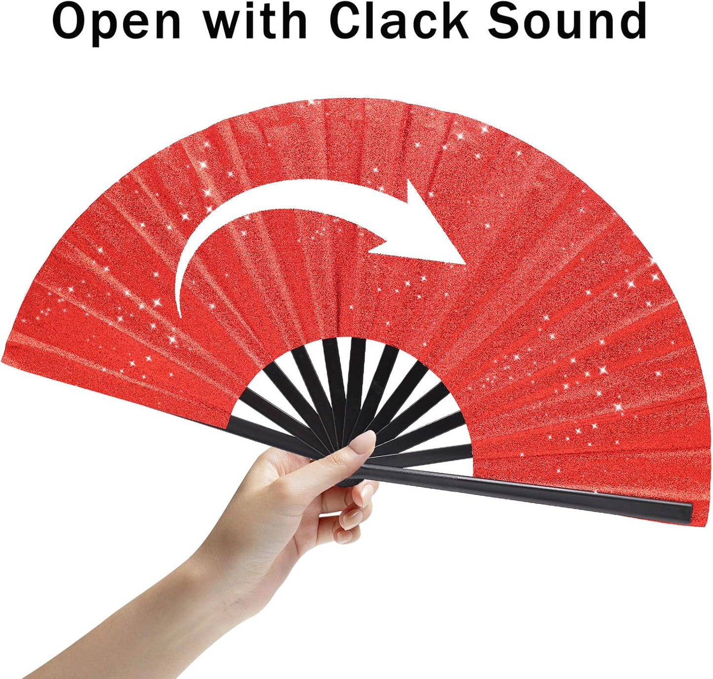 Glitter bling Large Folding Fan-Hand Fan Rave Clack Popping Fan for Line Dancing Clacking Fans for Boots On The Ground Dance, Party for EDM, Music Festival, Hot Flashes, Party, Decoration(2pcs red)