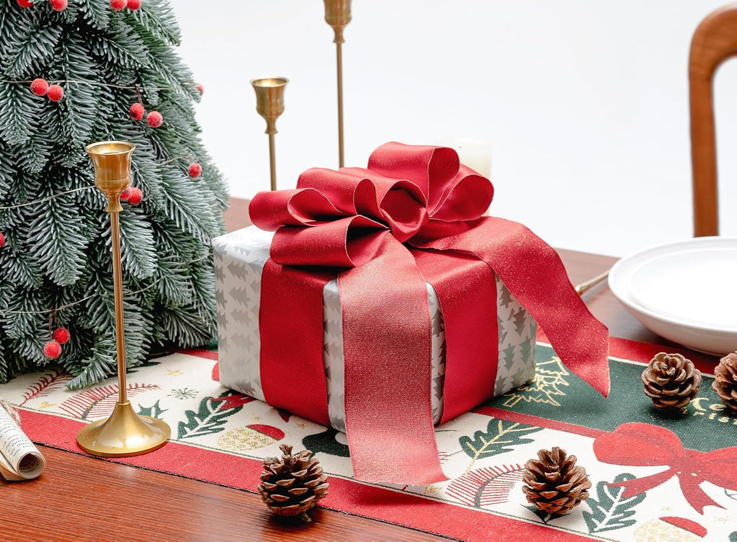 Christmas Ribbon Wired Red Satin Ribbons 2-1/2 Inch Double-Faced Gold Glitter for Tree Decoration, Wreath, Gift Wrapping, Home Decor 10 Yards