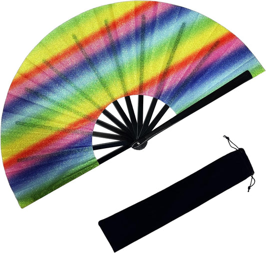 13'' Large Glitter Rave Fan Folding Hand Fans for Men Women Line Dancing Portable Handheld Clack Fan for Festival EDM Party Music Outfit Accessories