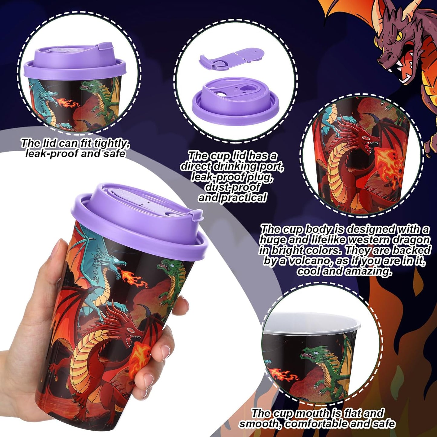 Yungyan 24 Sets Dragon Party Favors Goodie Cups with Lids and Straws for Birthday Decorations Reusable 16oz Plastic Candy Cups Plastic Straws for Birthday Party (Dragon)