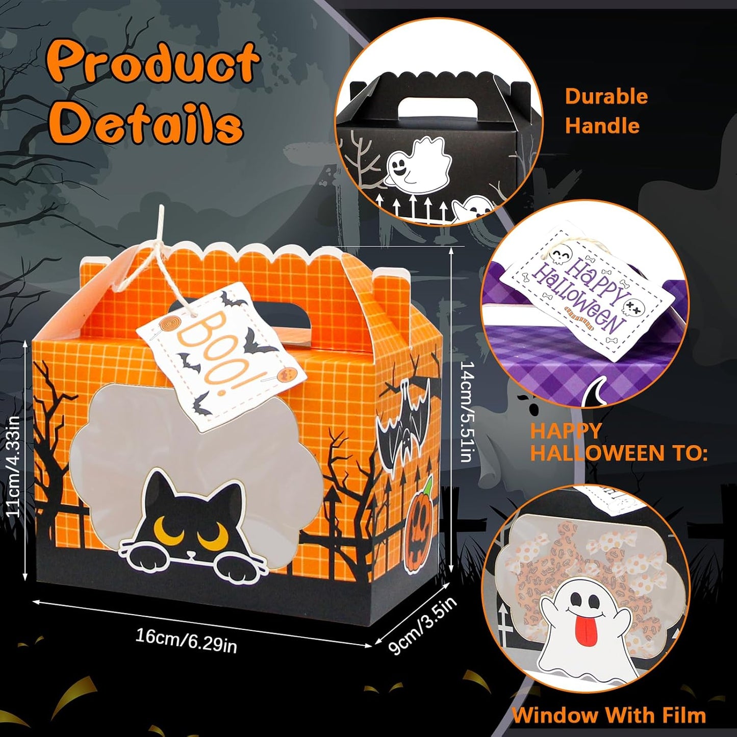 24 Pack Halloween Treat Boxes, Trick or Treat Candy Boxes with Window Halloween Party Favors Gift Goodie Boxes Supplies for Cookie Biscuit Donuts Dessert Cupcake Pie