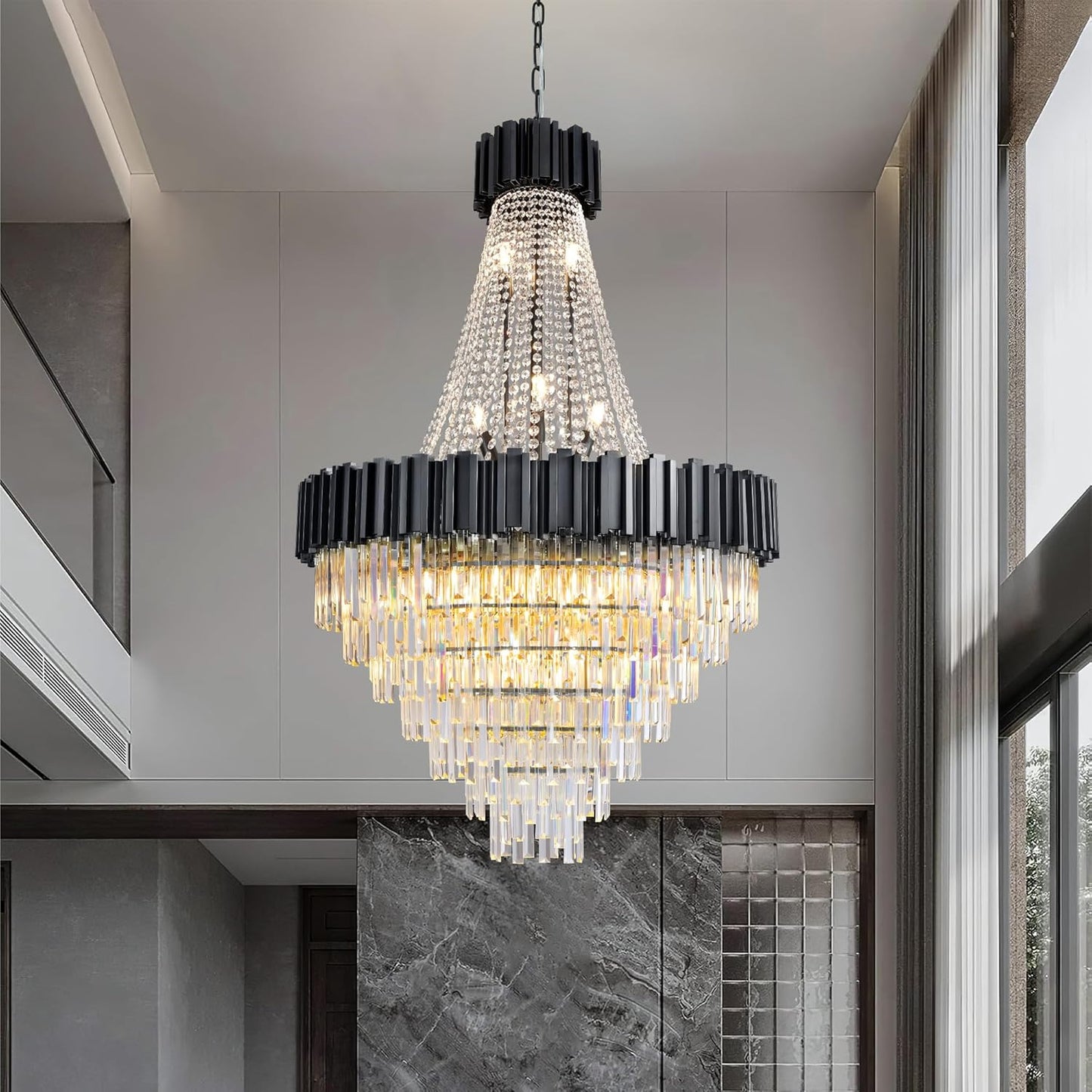 54" Luxury Long Crystal Chandelier for High Ceilings, 21-Light Modern Black Large Chandeliers for Staircase, Foyer, Entryway, Living Room, Hallway, Contemporary K9 Crystal Tiered Chandelier