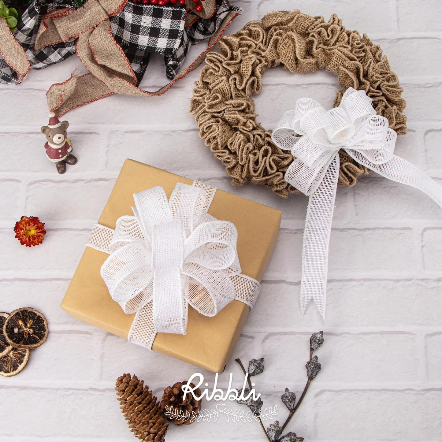 Ribbli White Burlap Wired Ribbon, 1” Inch x Continuous 20 Yard, White Wired Ribbon for Wreaths,Big Bows,Tree Decoration,Outdoor Decoration