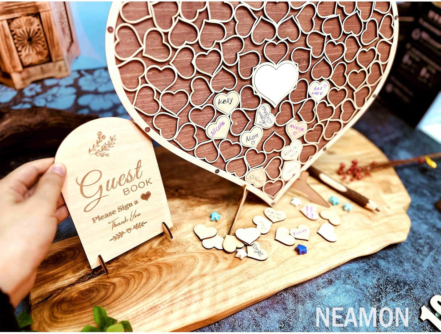 Wedding Guest Book Unique Wooden Heart Alternative GuestBook Bridal Shower Wedding Decoration with 83 Wooden Hearts 1 Sign Pen Set (Reddish Brown)