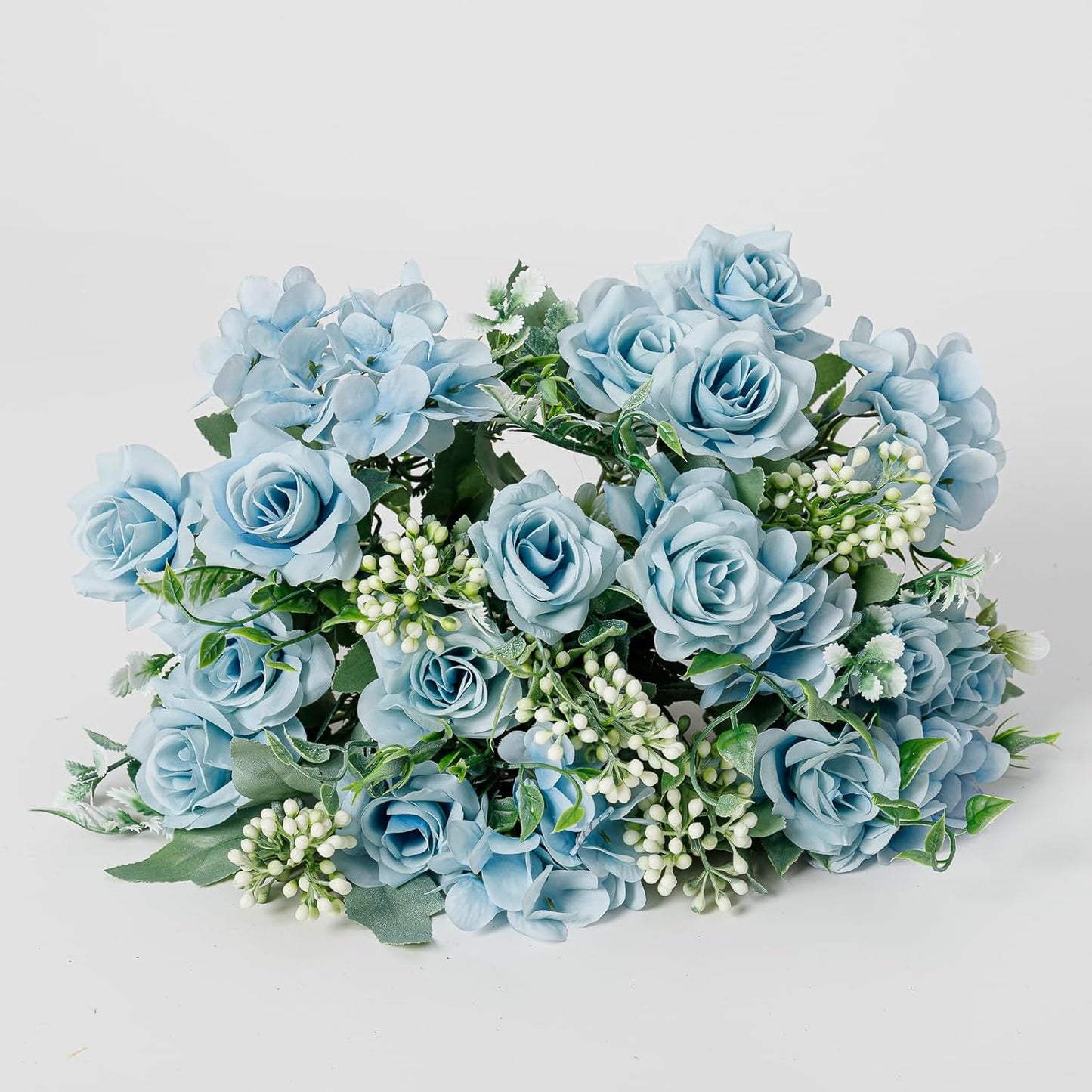 Artificial Flower 5 Branches Artificial Silk Fake Flowers Bouquet Small Roses for Wedding Home Office Tables Decor 2 Packs(Light Blue)