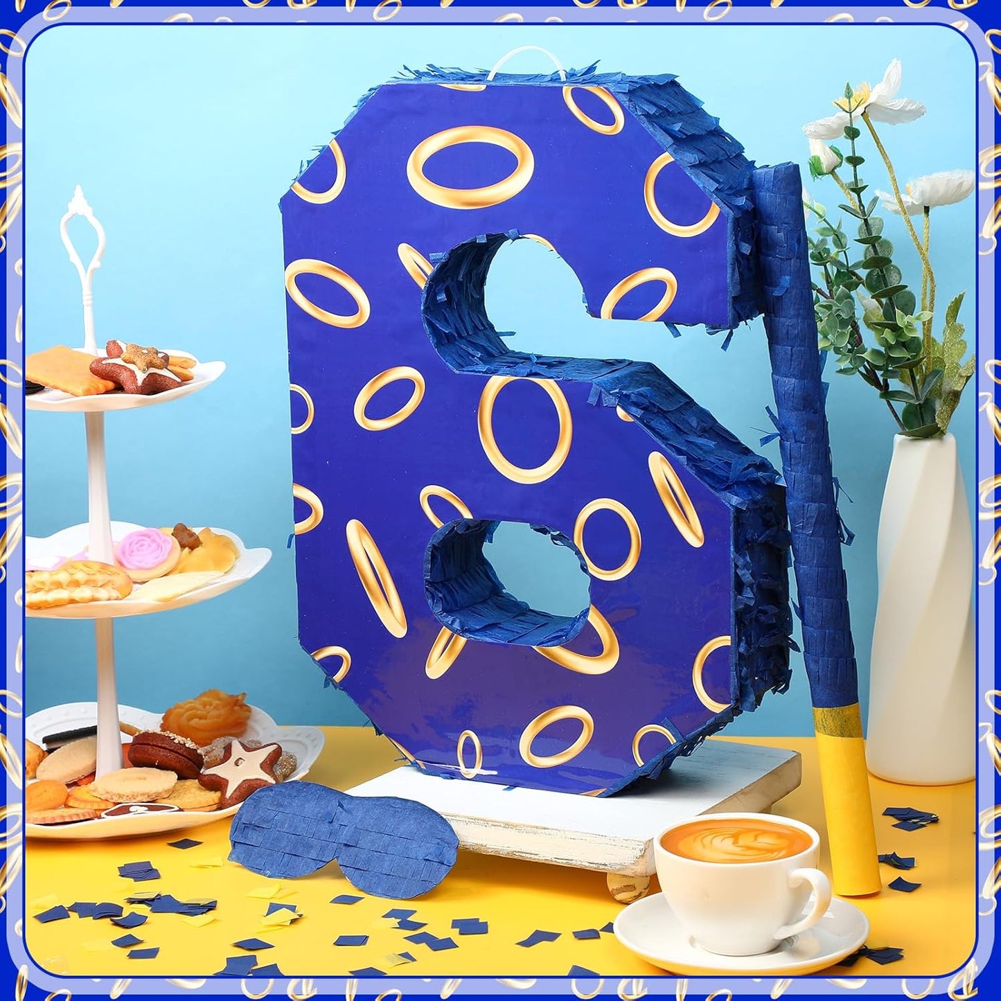 Number 6 Blue and Golden Rings Piñata for Kids Birthday Cartoon Theme Small Piñata with Blindfold Stick Confetti for Fiesta Cinco De Mayo Party Decor, 15.8 x 11 x 2.8 Inch