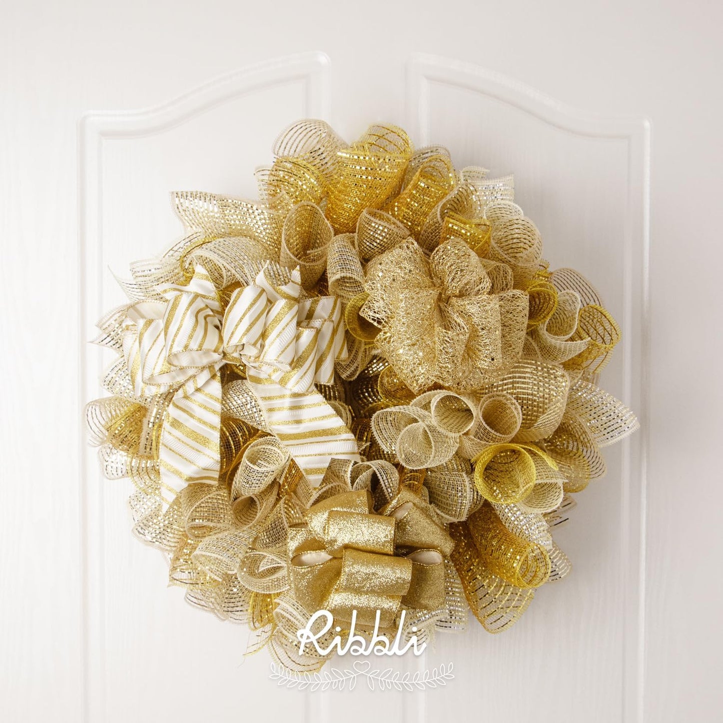 Ribbli 2 Rolls Gold Metallic Mesh Ribbon Gold Deluxe Foil Christmas Ribbon for Christmas Tree Wreath Swags Wedding Garland 10 inch x 30 feet(10Yard) Per Roll