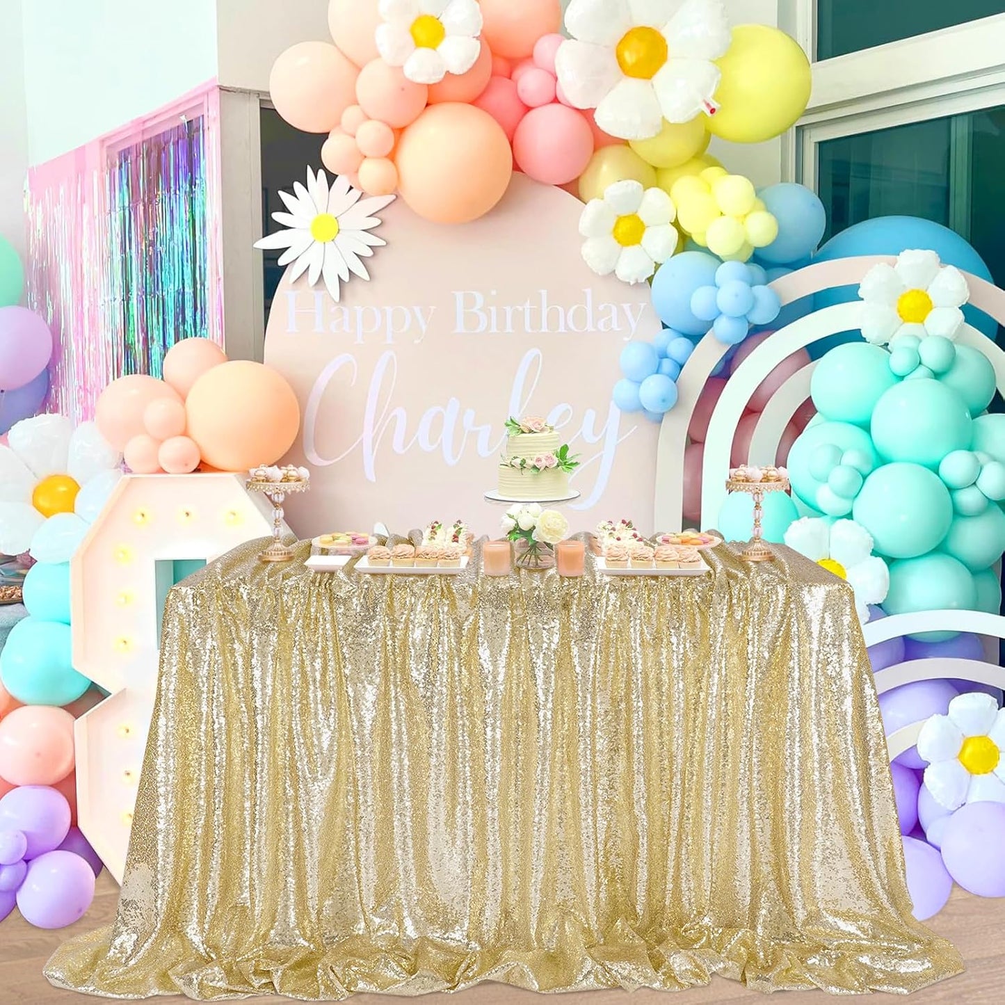 QueenDream Party Tablecloth Light Gold - 90x156 Inch Sequin Fabric Table Cloths Rectangle Cover Birthday Parties Holiday Decorations