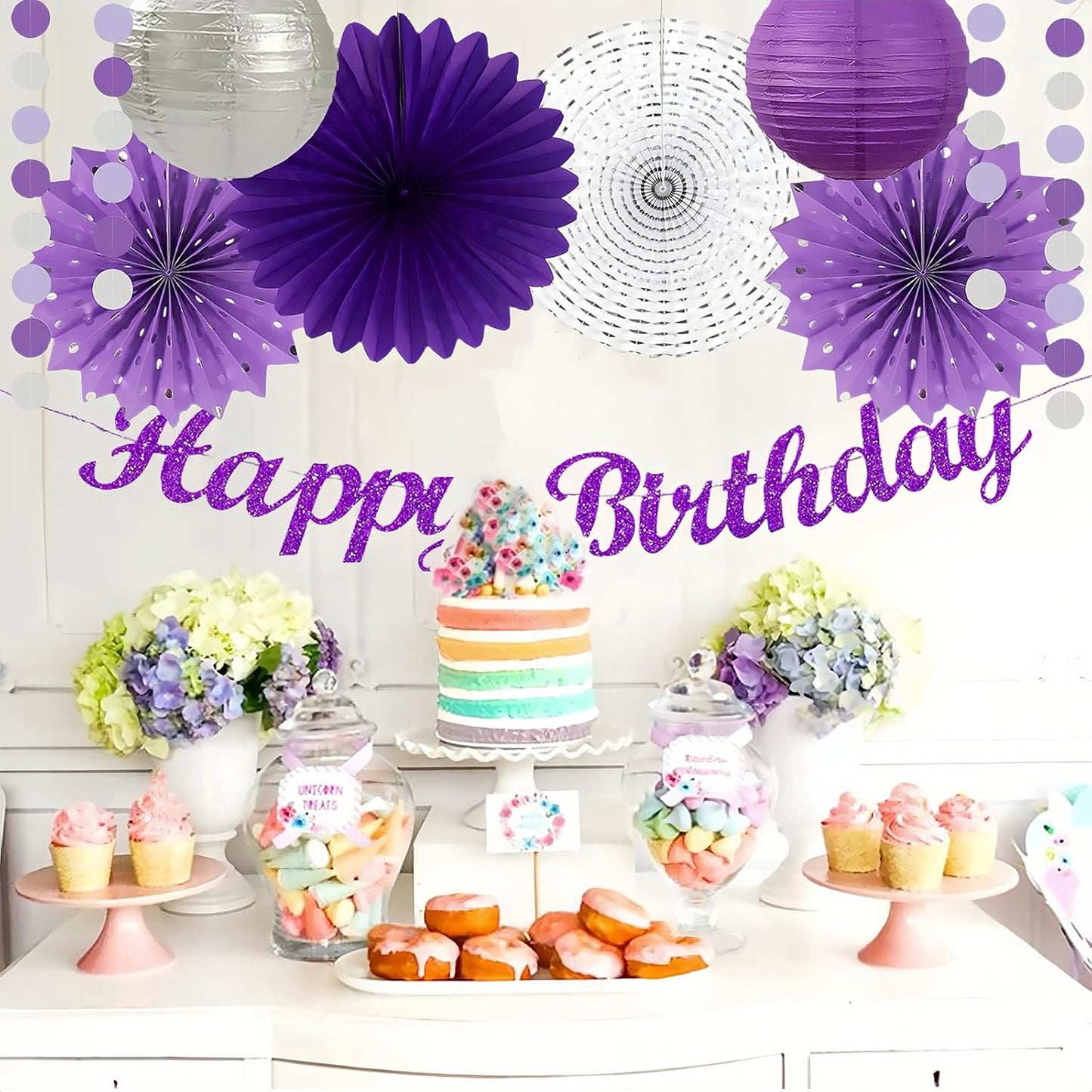 Purple and Silver Party Decorations-21PCS Happy Banner,Paper Lanterns Streamers,Tissue Pom Poms Honeycomb Flower Fan, Baby Bridal Shower Wedding Retirement Bachelorette Hanging Supplies Decor