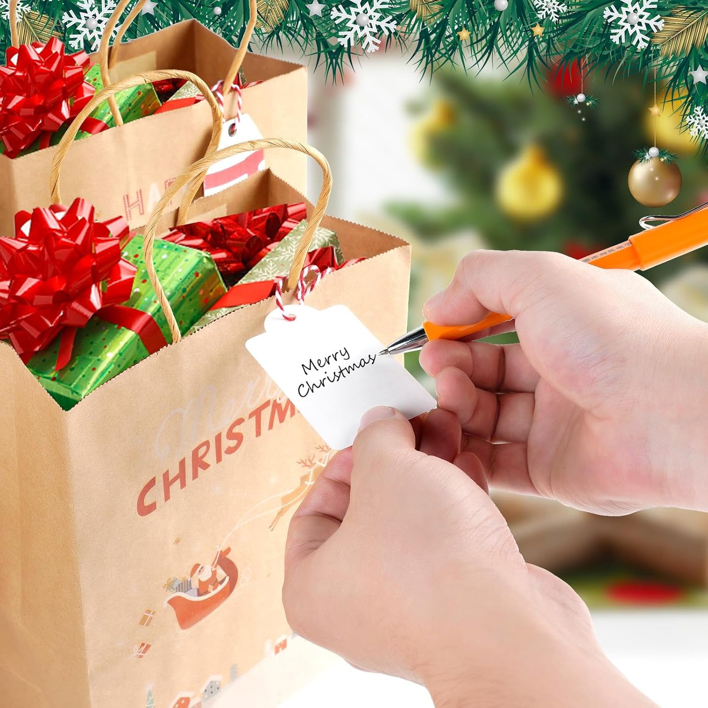 LYLIN 12Pcs Kraft Christmas Gift Bags with Handles, Small Xmas Treat Bags Reusable Gift Bags for Wrapping Gifts, Party Favors and Holiday Decor