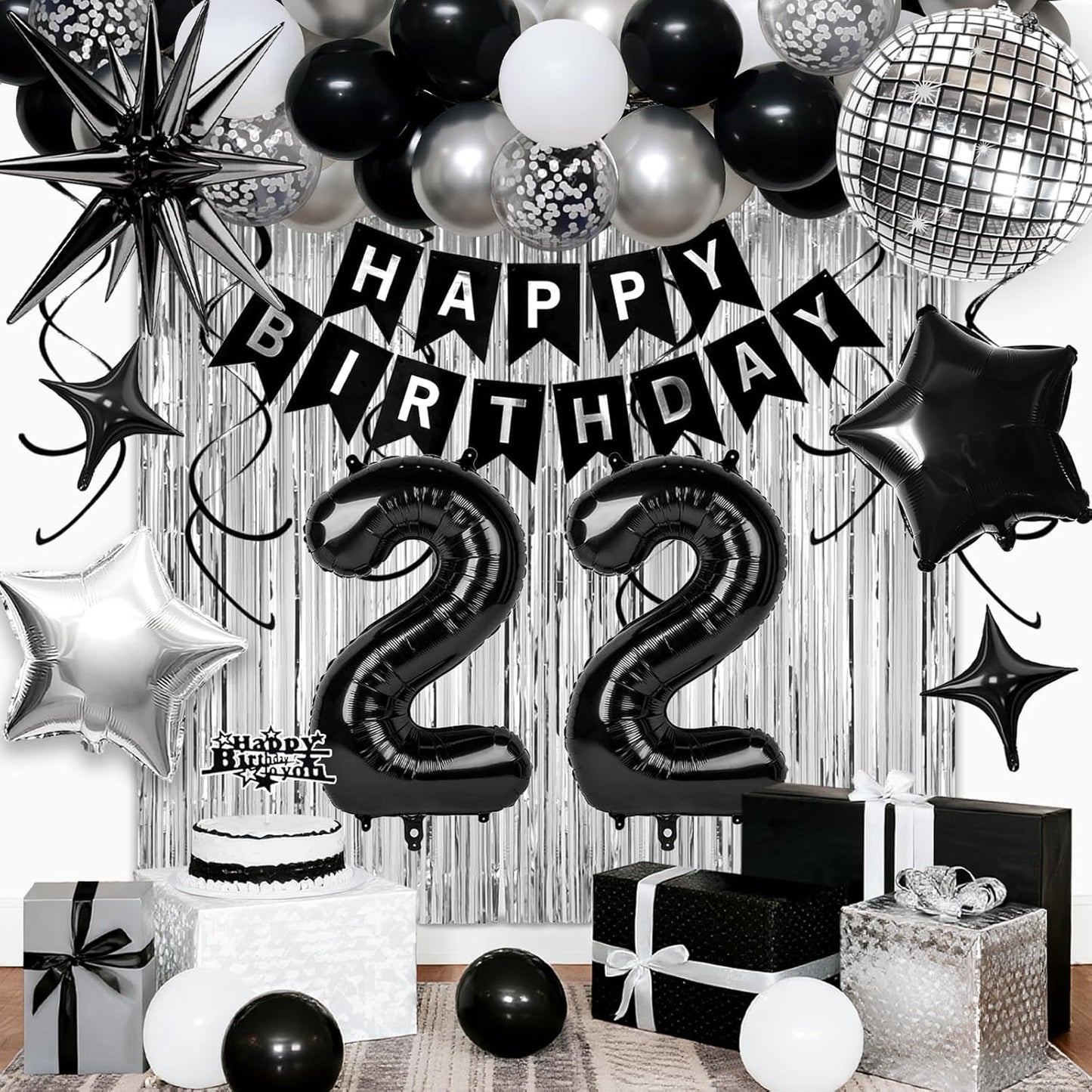 22nd Birthday Decorations for Men Women, Black Silver Happy Birthday Party Decorations， 22 Year Old Party Supplies with Number 22 Balloons, Banner, Fringe Curtains Kit