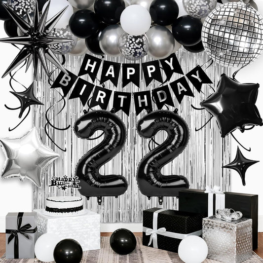 22nd Birthday Decorations for Men Women, Black Silver Happy Birthday Party Decorations， 22 Year Old Party Supplies with Number 22 Balloons, Banner, Fringe Curtains Kit