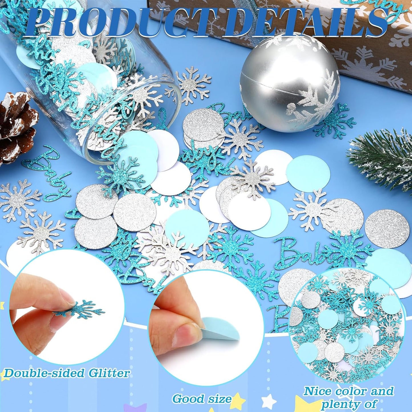 MARFOREVER Winter Shower Table Confetti, 200 Pcs Glitter Blue Silver Snowflake Table Decorations Winter Gender Reveal Party Confetti Sprinkle for Winter Birthday Party Baby Shower Decorations(Blue)