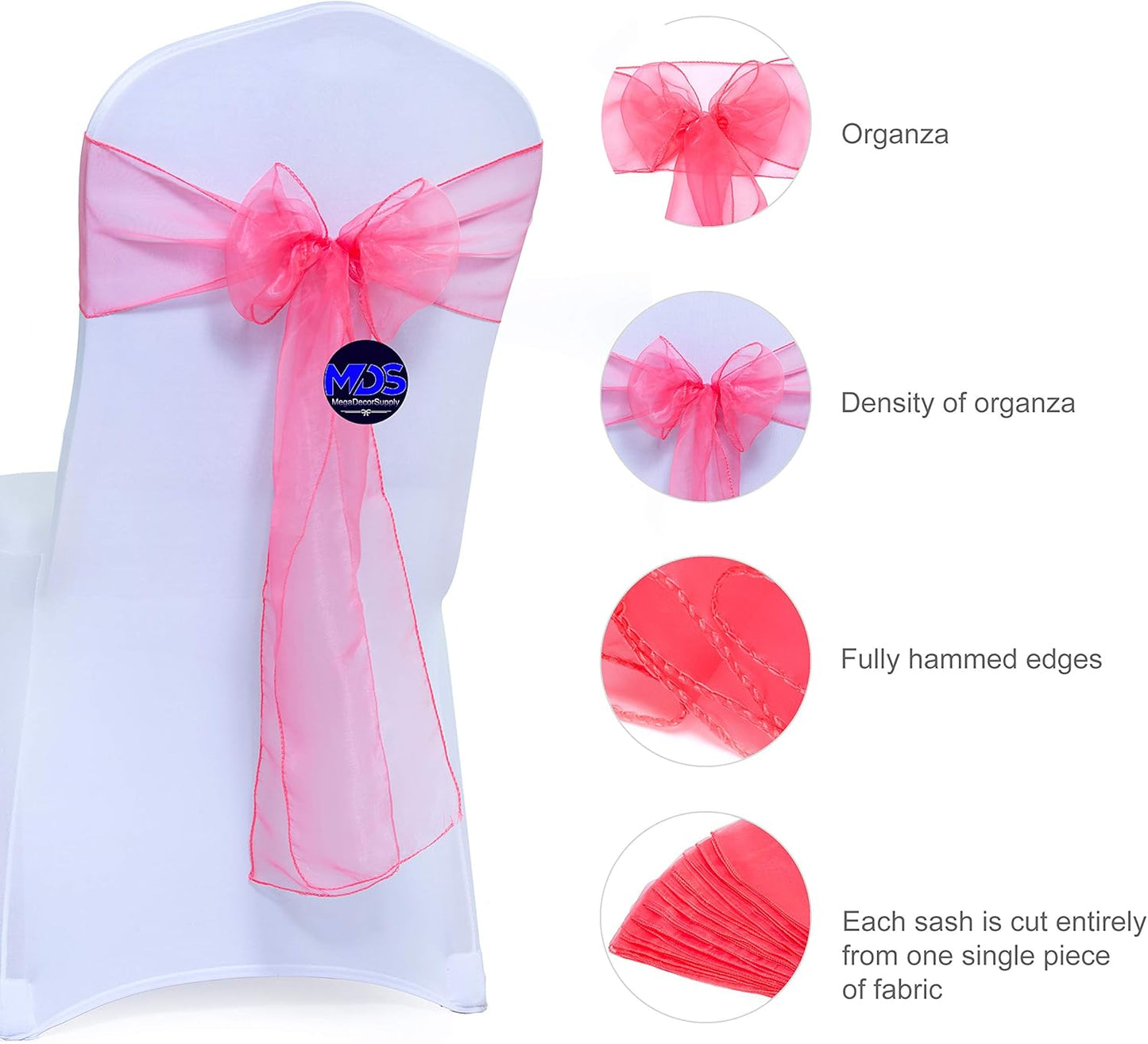 MDS Pack of 300 PCS Organza Chair Sashes Wider Dining Chair Bows Ribbon Tie Back for Wedding Party Birthday Bridal Shower Reception Event Banquet Home Chair Cover Decoration - Coral