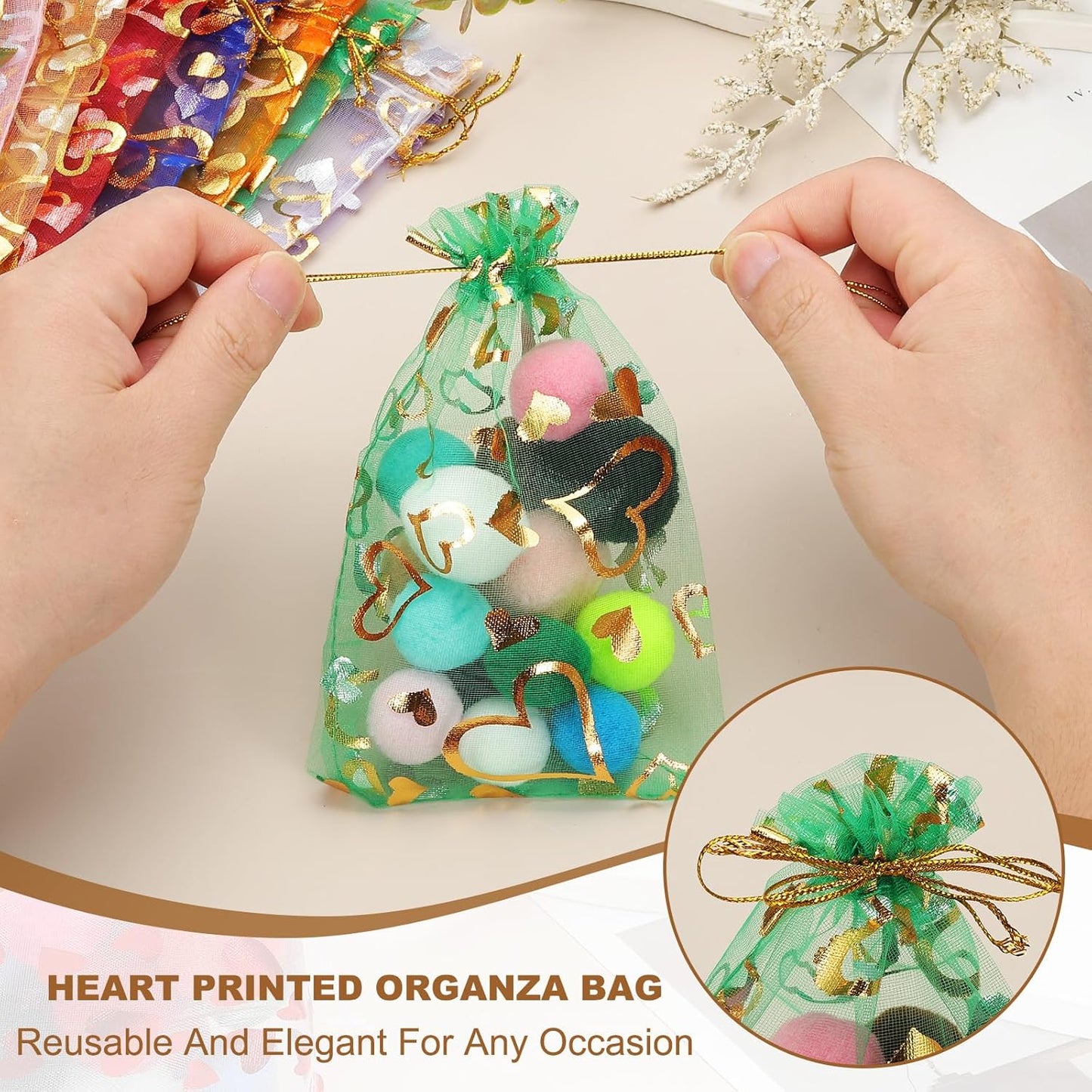 PATIKIL 50 Pcs 4x6 Inch Heart Printed Organza Bags, Red Sheer Heart Organza Bags with Drawstring for Christmas Candy Jewelry Party Wedding Favor Gift