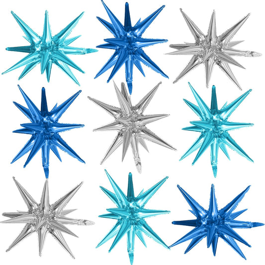 Blue Silver Star Balloons,9Pcs 22Inch Blue Silver Explosion Spike Cone Helium Polyester Film Star Foil Balloons for Birthday Anniversary Baby Shower Disco Party Decorations