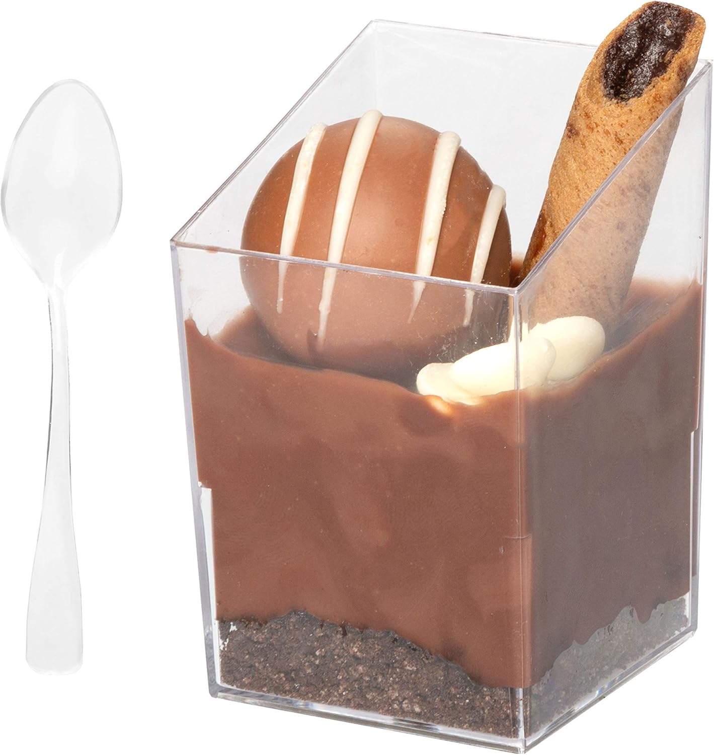 Ilyapa 3oz Plastic Dessert Cups - 100 Pack Mini Dessert Cups with Spoons - Small Clear Reusable for Cheesecake Shooters, Chocolate Mousse, Parfait - Party and Catering Supplies - Slanted