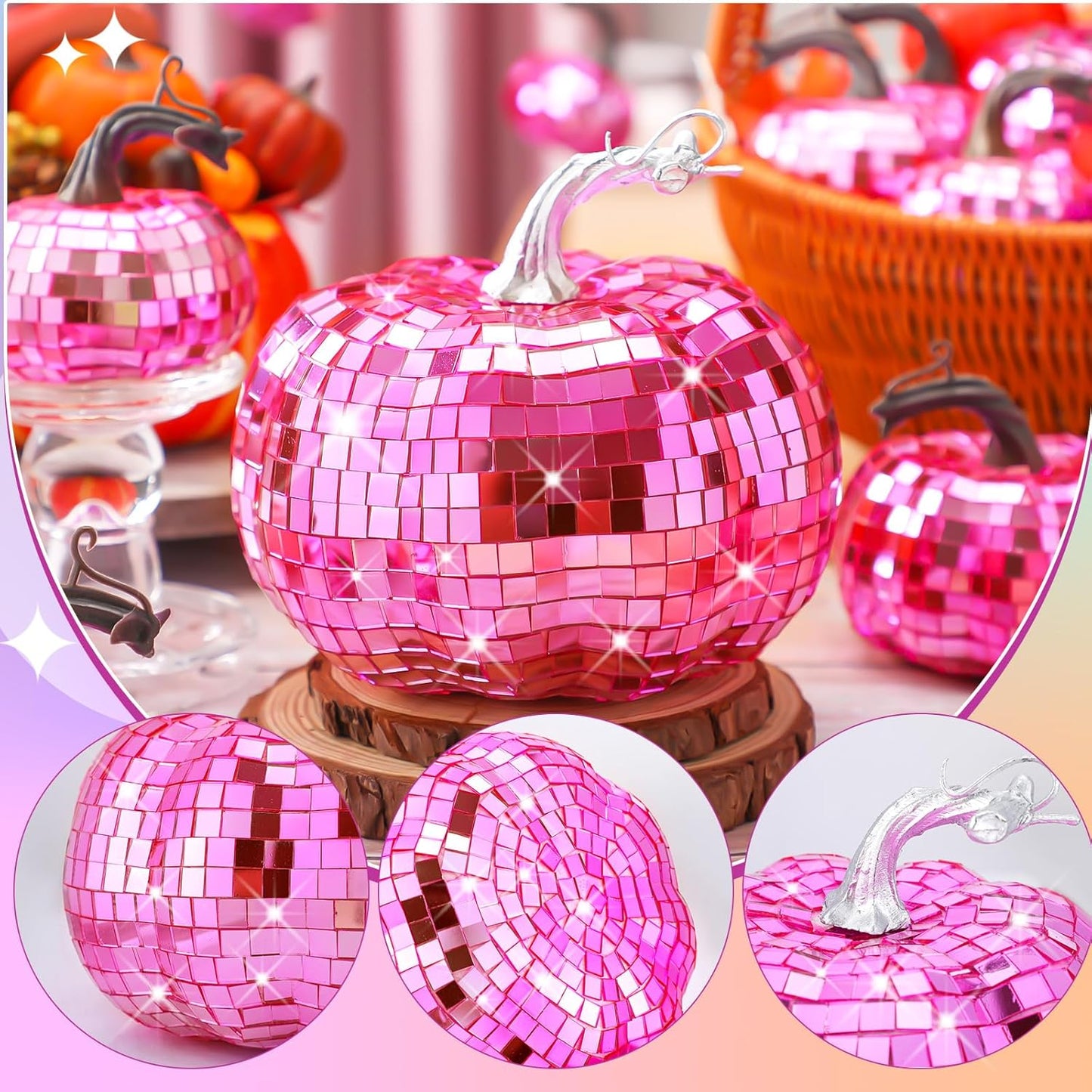 Lenwen 12 Pcs Artificial Disco Pumpkin Glitter Mirror Pumpkin for Decorating Fall Farmhouse Hanging Ornament Harvest Decor for Halloween Thanksgiving Table Centerpiece(Bright Pink)