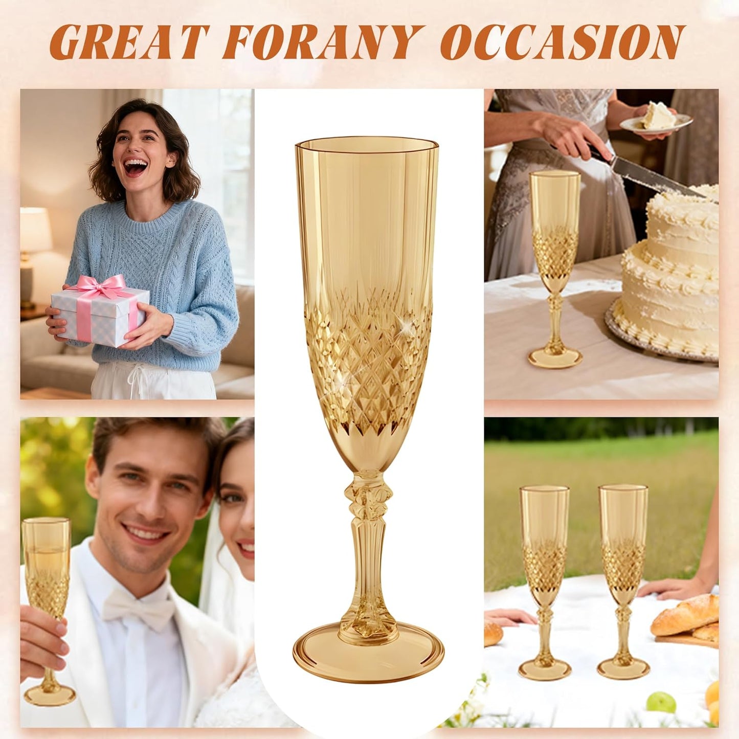 Plastic Champagne Flutes, 24PCS Gold Wine Glasses Goblets Cups Reusable Flute, for Weddings Bachelor Parties Toasting and Events(24, Gold)