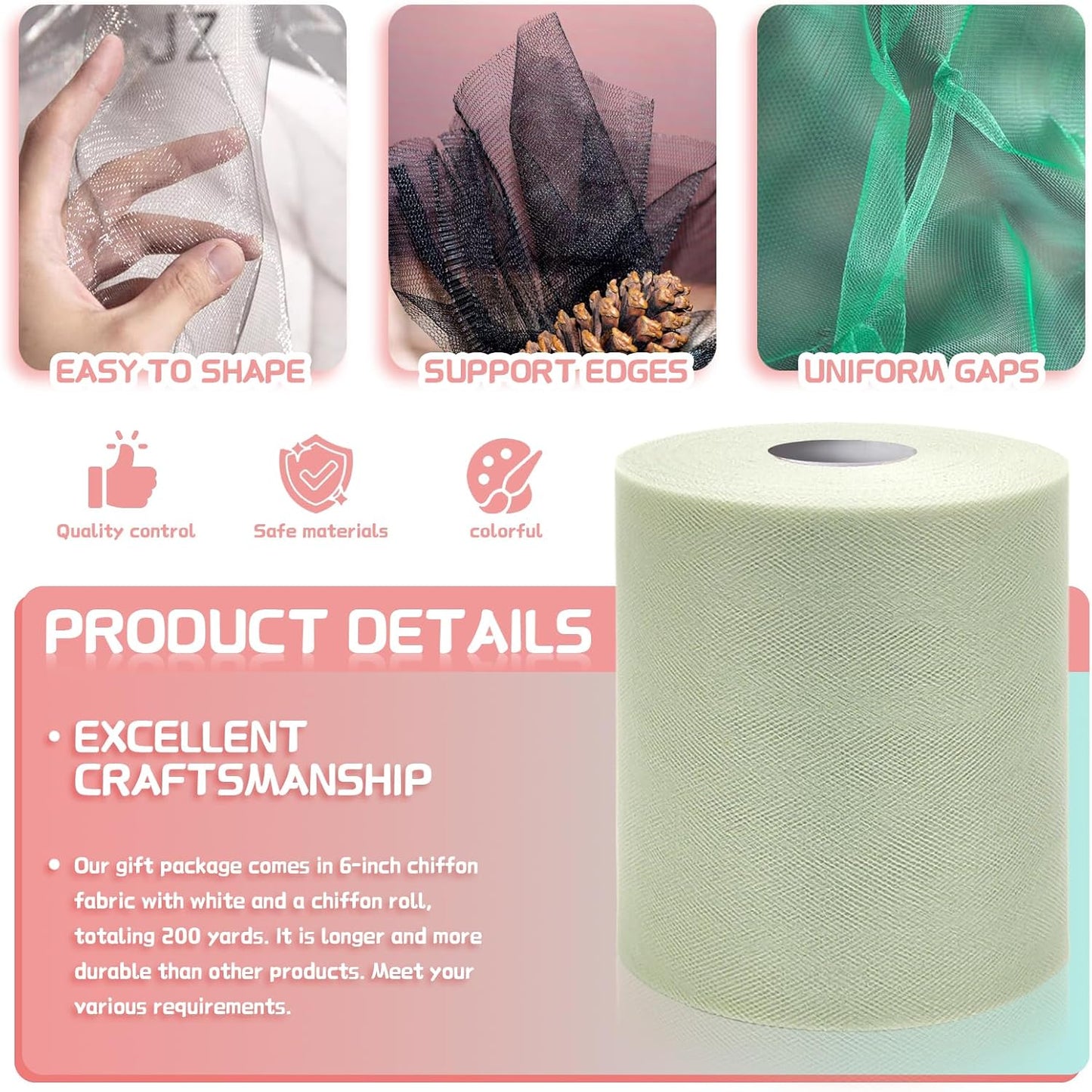 6" x 200 Yards Sage Green Tulle Fabric Rolls, Green Spool Tulle Ribbon for DIY Tutu Skirt Wedding Decoration Baby Shower Birthday Party Backdrop Gift Wrapping Bow Craft Supplies